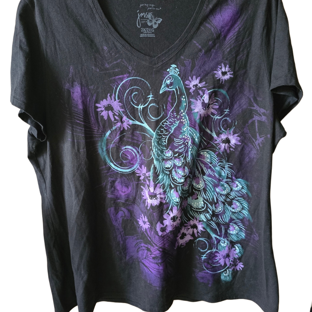 Just My Size Black and Purple Peacock Tee